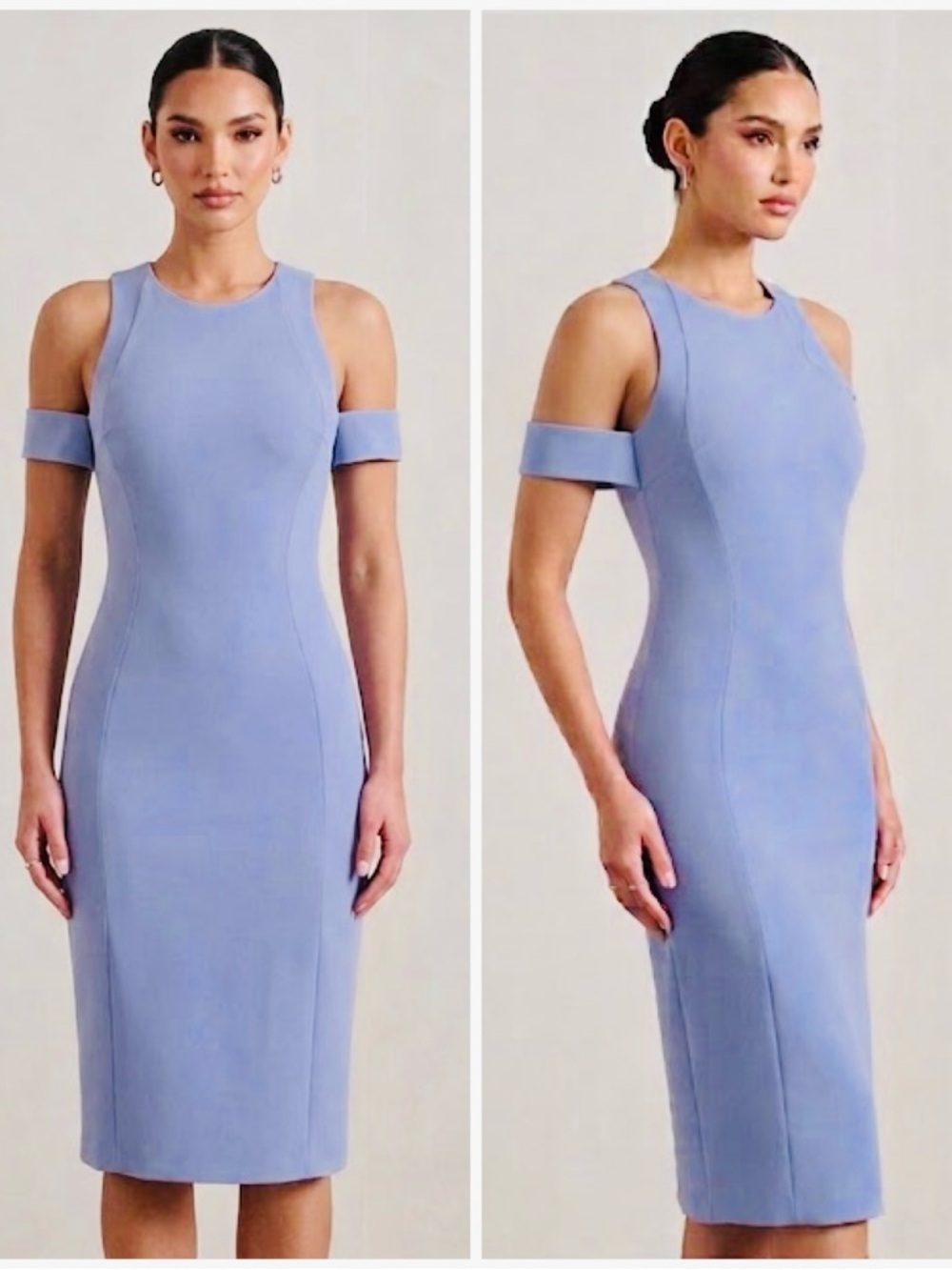 Mugler Blue Fitted Side Slit Shoulder Cut Out Crepe Ruffle Sleeve Dress FR 40